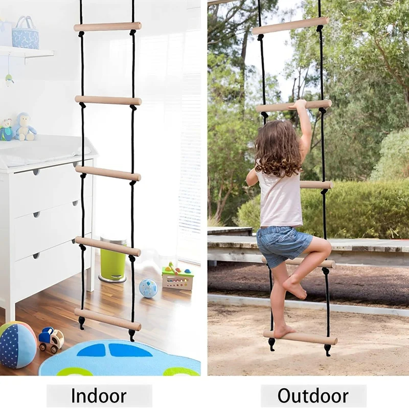 Kids Outdoor Swing - Children Climbing Rope Ladder Wooden Swing